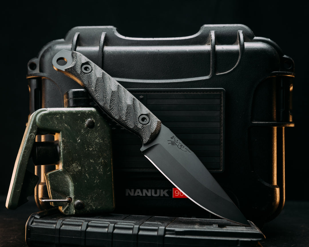 Crow Jr- Black Canvas Micarta, Armor Black Cerakote, Allen Bolts, Textured Grip