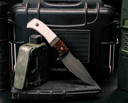 Ishi- Desert Ironwood, MCCUU Cammi Micarta Split, Elk Antler, Patriot Mosaic Pins, Textured Grip