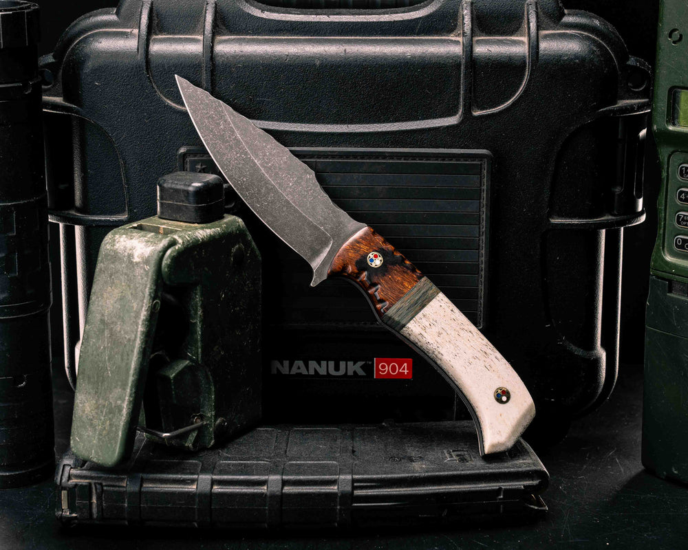 Ishi- Desert Ironwood, MCCUU Cammi Micarta Split, Elk Antler, Patriot Mosaic Pins, Textured Grip