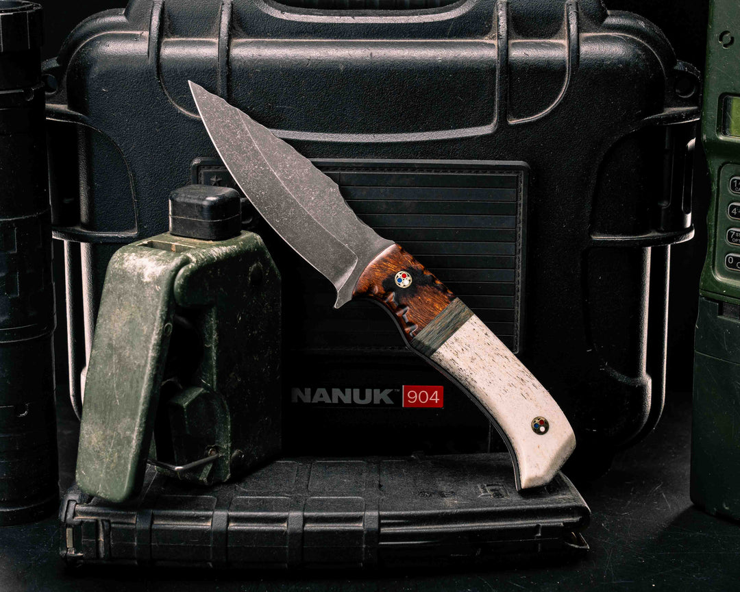 Ishi- Desert Ironwood, MCCUU Cammi Micarta Split, Elk Antler, Patriot Mosaic Pins, Textured Grip