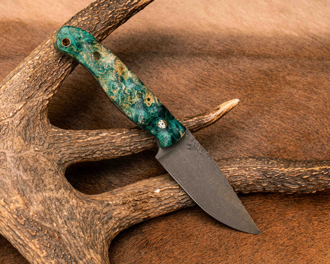 Crow Jr- Dyed Buckeye Burl, Mosaic Pins, Brass Lanyard Pin, Textured Grip