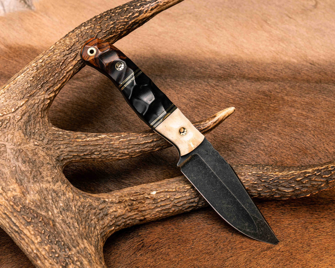 Crow Jr (Compound Grind)- Giraffe Bone, Black G10 and Brass Pin Striping, Bison Horn Split, Desert Ironwood, Mosaic Pins, Brass Lanyard Pin, Textured Grip
