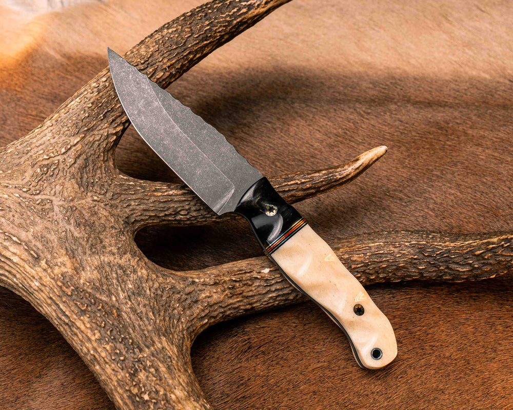 Crow Jr- Bison Horn, Black G10, Aluminum, Brass and Cherry G10 Split, Giraffe Bone, Aluminum Lanyard Pin, Textured Grip