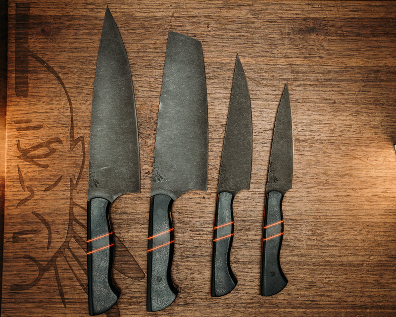 Chef Set- Black Glass Carbon, Orange G10, Grey G10 and Orange Dark Matter Carbon Split, CF Pins, Smooth Grip