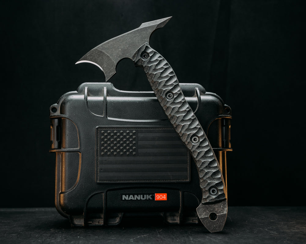 Crescent Hawk- Black Canvas Micarta, Allen Bolts, Textured Grip, Open Tang