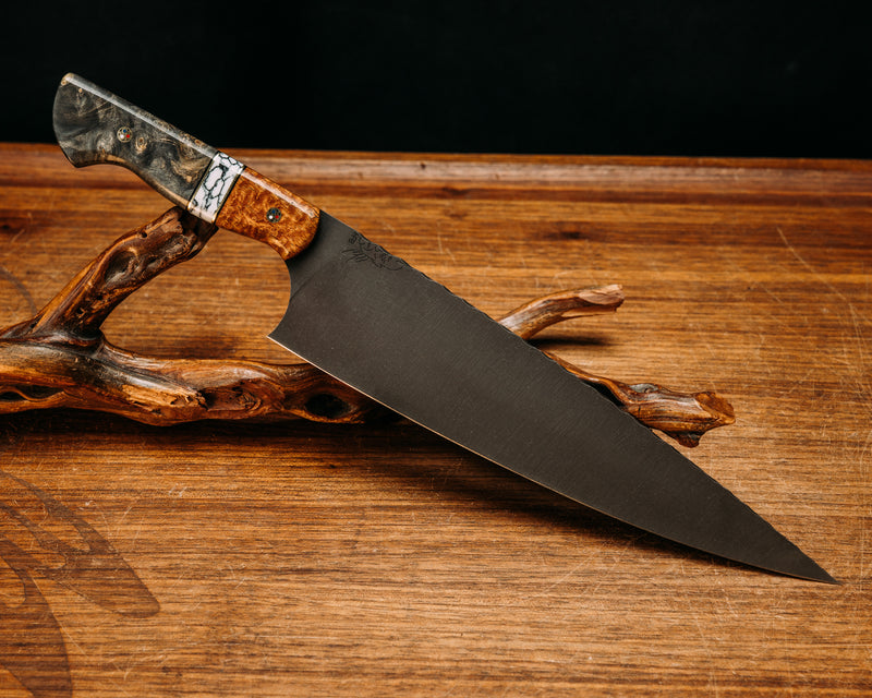 10" Chef Blade- Afzelia Burl, Black G10 and Brass Pin Striping, White Turquoise Tru-stone Split, Buckeye Burl, Patriot Mosaic Pins, Smooth Grip