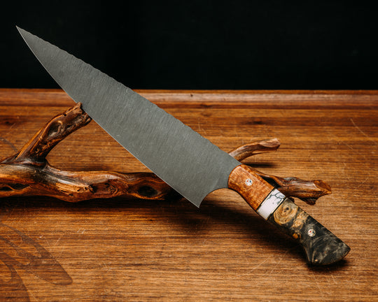 10" Chef Blade- Afzelia Burl, Black G10 and Brass Pin Striping, White Turquoise Tru-stone Split, Buckeye Burl, Patriot Mosaic Pins, Smooth Grip