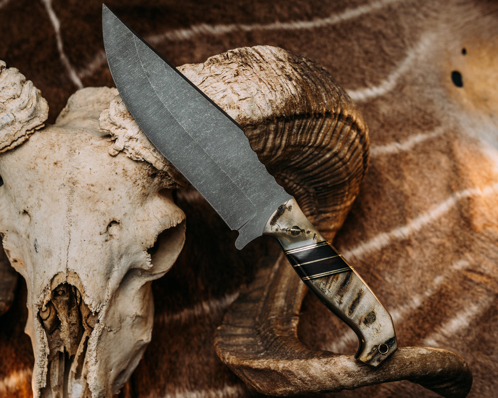 American Bowie Jr.- Ram's Horn, Black G10 & Brass Pin Striping, Desert Ironwood Splits, Mosaic Pins, Textured Grip.