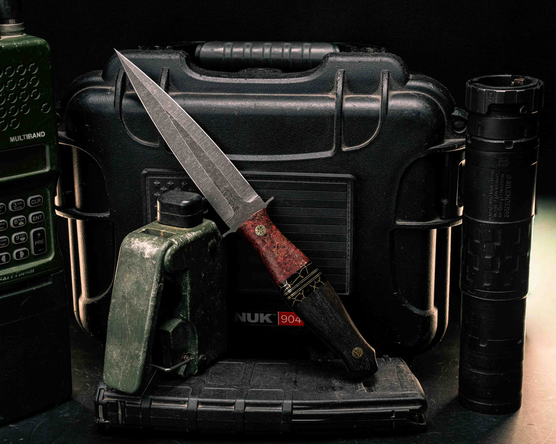 Fairbairn Sykes- Dyed Box Elder, Black with Gold Web Tru-stone Black G10 and Brass Split, Ancient Bog Oak, Mosaic Pins, Smooth Grip