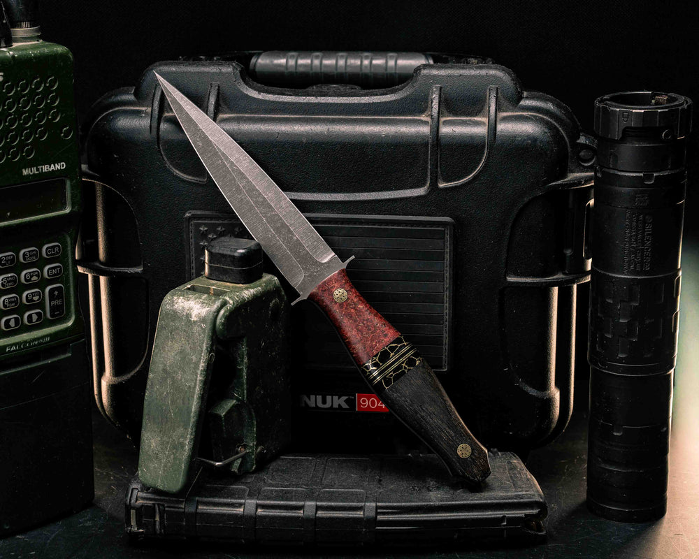 Fairbairn Sykes- Dyed Box Elder, Black with Gold Web Tru-stone Black G10 and Brass Split, Ancient Bog Oak, Mosaic Pins, Smooth Grip