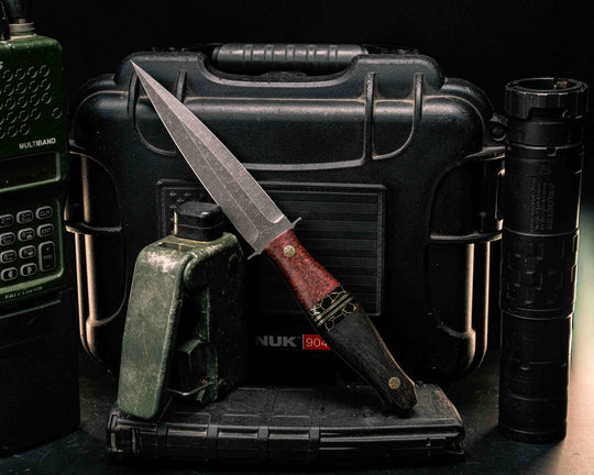 Fairbairn Sykes- Dyed Box Elder, Black with Gold Web Tru-stone Black G10 and Brass Split, Ancient Bog Oak, Mosaic Pins, Smooth Grip