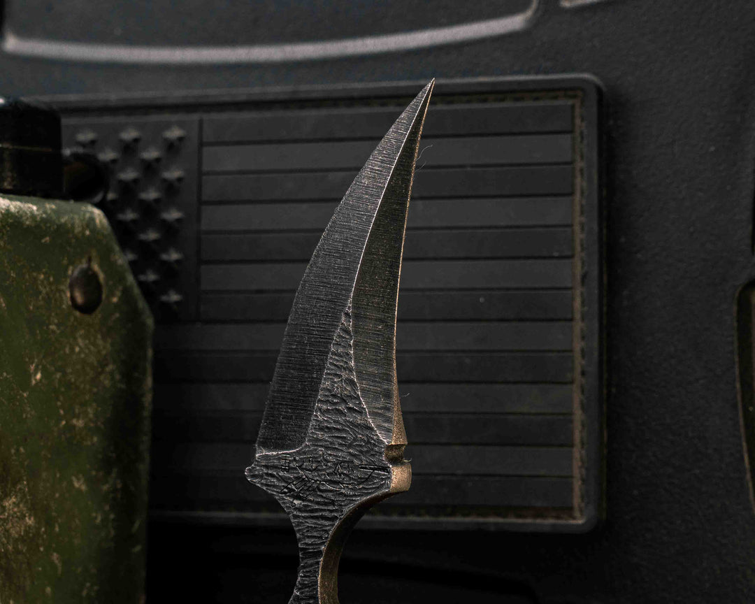 K9 Push Blade- Vintage Linen Micarta Two Tone Brown, CF Pins, Textured Flats, Textured Grip