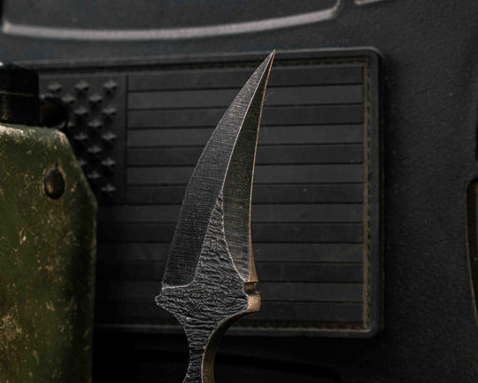 K9 Push Blade- Vintage Linen Micarta Two Tone Brown, CF Pins, Textured Flats, Textured Grip