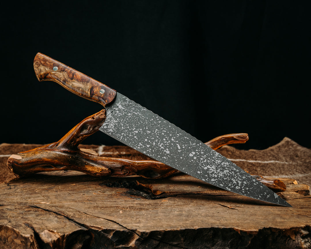 10" Chef Blade- Amboyna Burl, Brass Pins, Smooth Grip