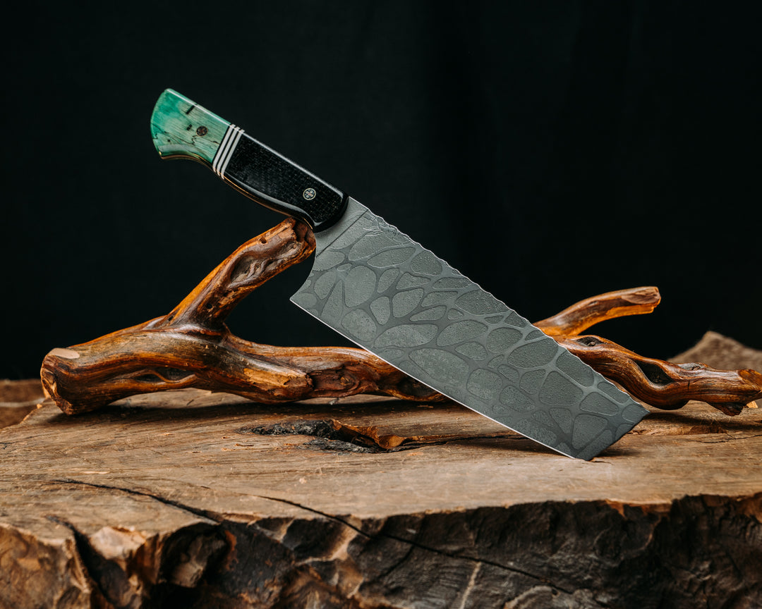 Nakiri- Black Burlap Micarta, Black G10, Brass and White G10 Split, Dyed Spalted Maple, Mosaic Pins, Smooth Grip