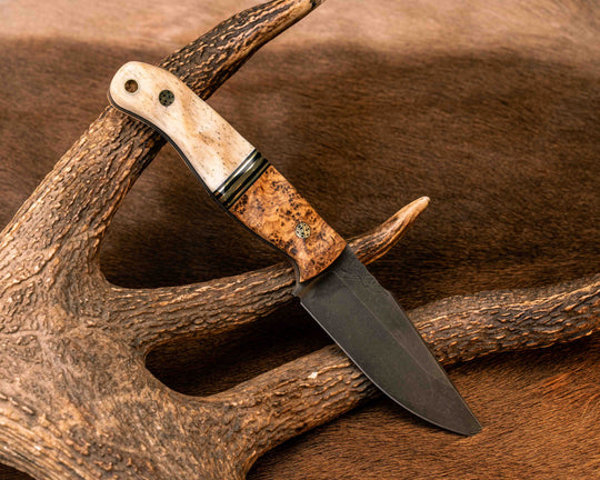 Crow Jr (Compound Grind)- Black Ash Burl, Black G10, OD Green G10 and Brass Split Giraffe Bone, Mosaic Pins, Brass Lanyard Pin, Textured Grip