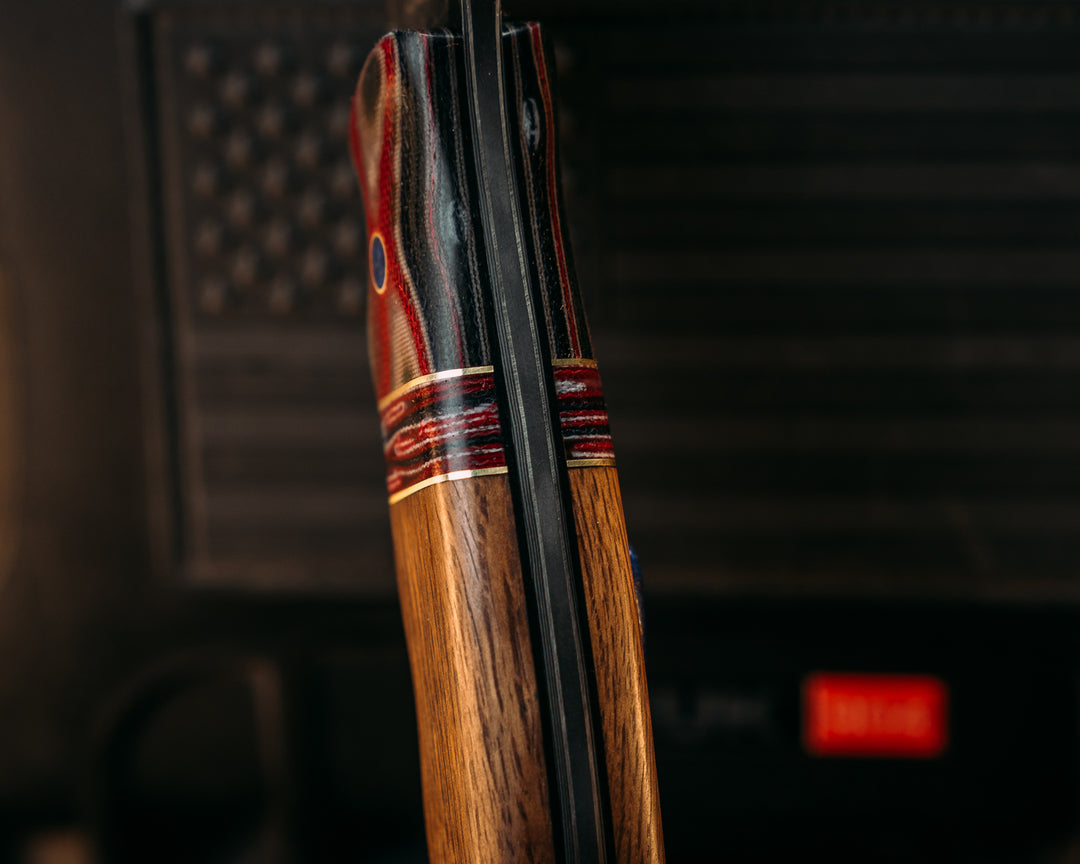 Notched Disaster Breacher- Sherman Tank SanMai- Geronimo Lapis Azuli stone Inlay from Abbottabad Pakistan, WWI,WWII,Vietnam & Modern SEAL Cammie Micarta, Brass/American Flag Micarta Split, White Oak from U.S.S. Constitution, Crushed Lapis in Brass Pins
