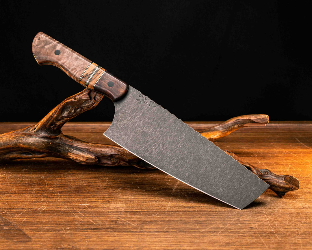 Nakiri- Desert Ironwood, Black G10, Brass and Earth G10 Pin Striping, Spalted Maple Split, Curly Maple, CF Pins, Smooth Grip