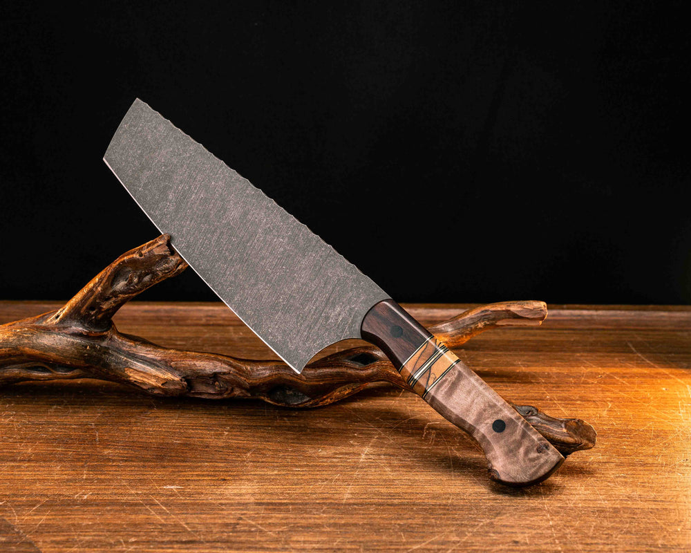 Nakiri- Desert Ironwood, Black G10, Brass and Earth G10 Pin Striping, Spalted Maple Split, Curly Maple, CF Pins, Smooth Grip