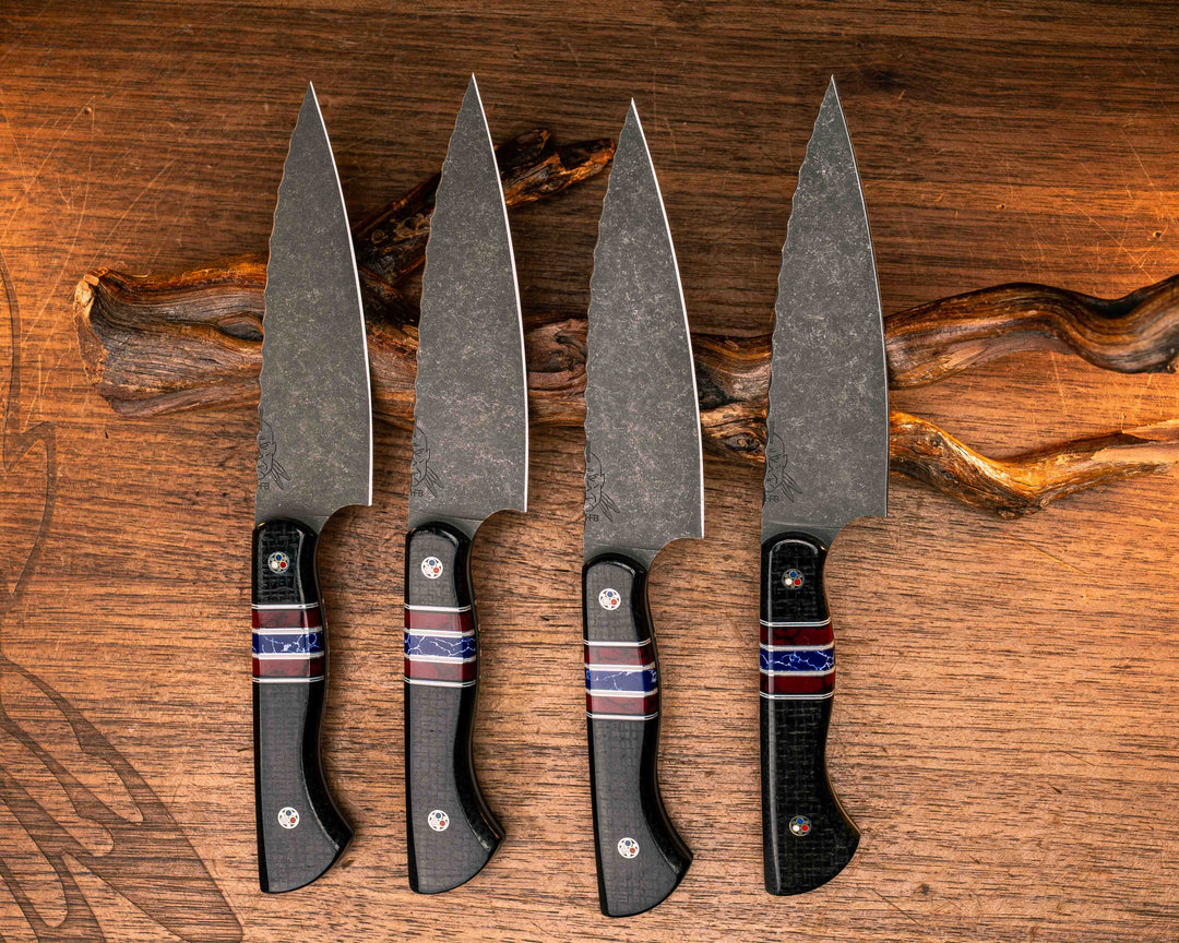 Steak Knife Set (4 Pc) - Black Burlap Micarta, Black G10, White G10 and Aluminum Pin Striping, Bloody Basin Tru-stone and Sodalite Tru-stone Split, Patriot Mosaic Pins, Smooth Grip