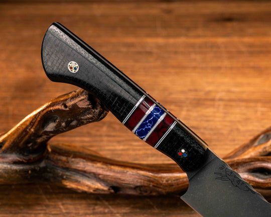 Steak Knife Set (4 Pc) - Black Burlap Micarta, Black G10, White G10 and Aluminum Pin Striping, Bloody Basin Tru-stone and Sodalite Tru-stone Split, Patriot Mosaic Pins, Smooth Grip