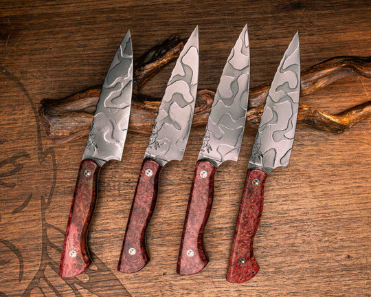 Steak Knife Set (4 piece)- Dyed Box Elder, Patriot Mosaic Pins, Smooth Grip