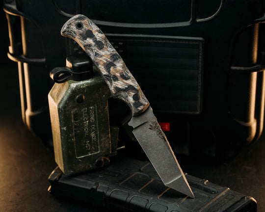 Boogeyman Tanto Compound Grind- Leopard Print Micarta, CF Pins, Textured Grip