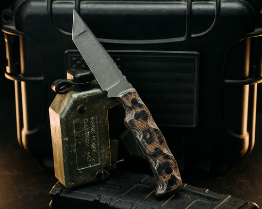 Boogeyman Tanto Compound Grind- Leopard Print Micarta, CF Pins, Textured Grip