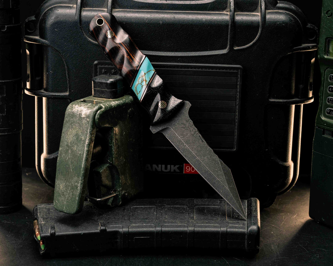 Combat Dirt Nap- Black Burlap Micarta, Black G10 and Copper Pin Striping, Kingman Tru-stone Split, Desert Ironwood, Mosaic Pins, Brass Lanyard Pin, Textured Grip
