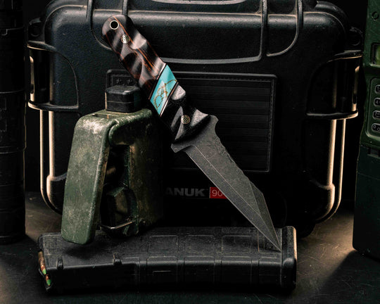 Combat Dirt Nap- Black Burlap Micarta, Black G10 and Copper Pin Striping, Kingman Tru-stone Split, Desert Ironwood, Mosaic Pins, Brass Lanyard Pin, Textured Grip