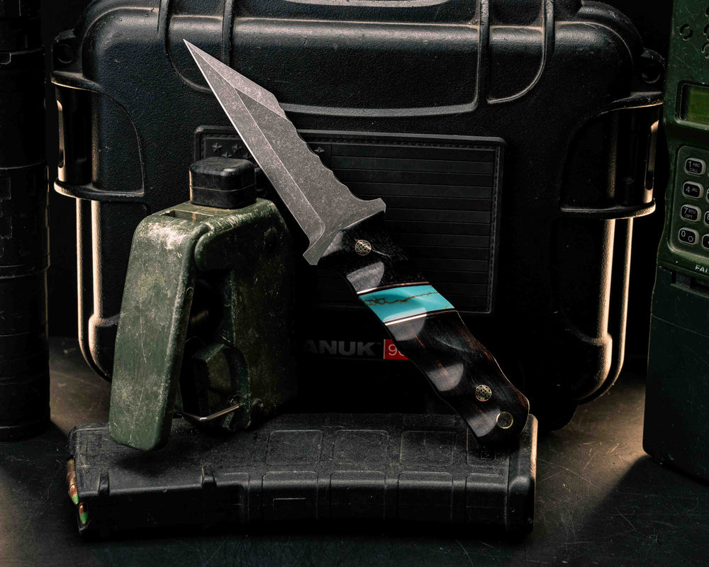 Combat Dirt Nap- Black Burlap Micarta, Black G10 and Copper Pin Striping, Kingman Tru-stone Split, Desert Ironwood, Mosaic Pins, Brass Lanyard Pin, Textured Grip