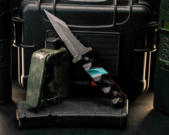 Combat Dirt Nap- Black Burlap Micarta, Black G10 and Copper Pin Striping, Kingman Tru-stone Split, Desert Ironwood, Mosaic Pins, Brass Lanyard Pin, Textured Grip