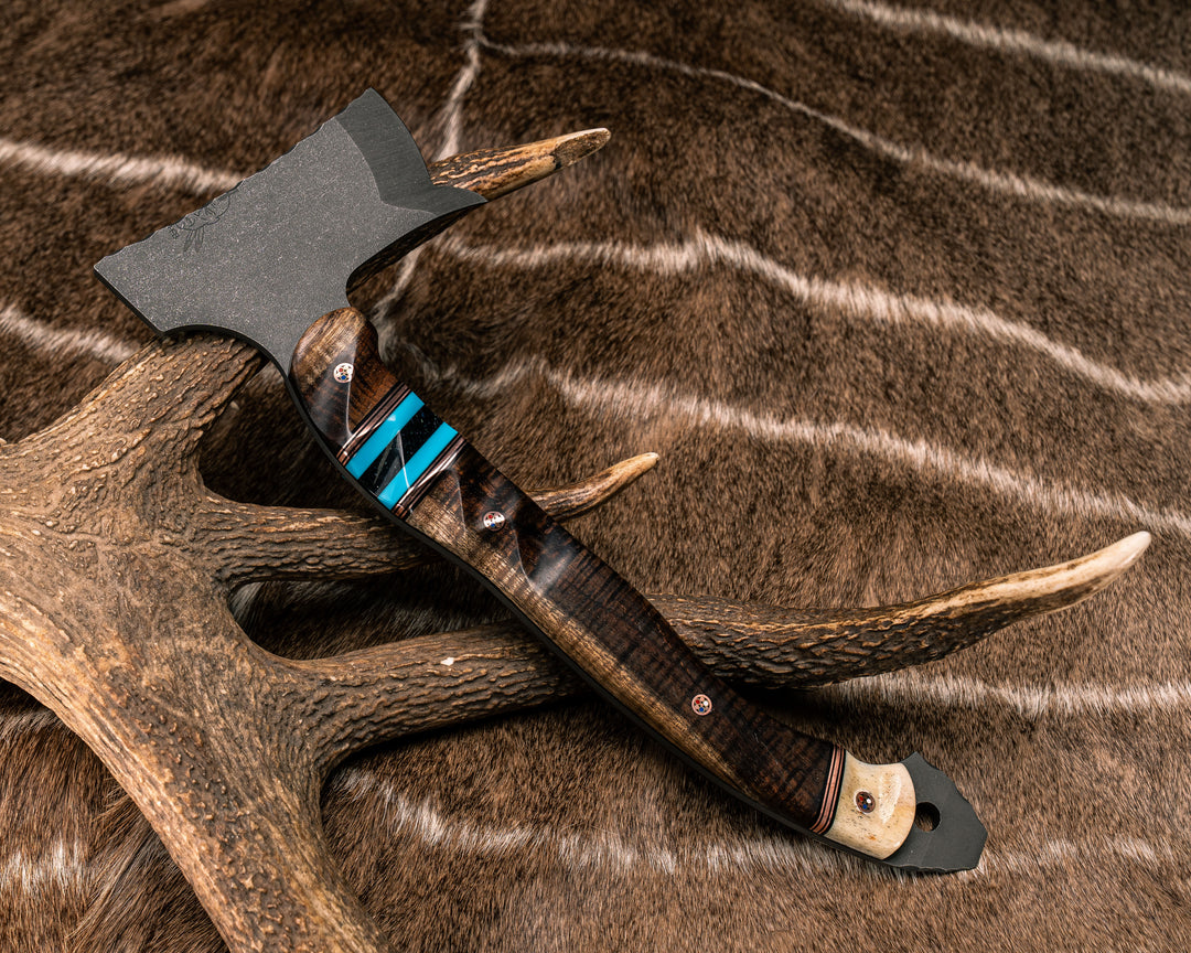 Recce Hawk Gen 1 Proto- Hawaiian Curly Koa, Black G10 and Copper Pin Striping, Turquoise Tru-stone, Black Pearl Resin and Hawaiian Curly Koa Split, Giraffe Bone, Copper Patriot Mosaic Pins, Textured Grip