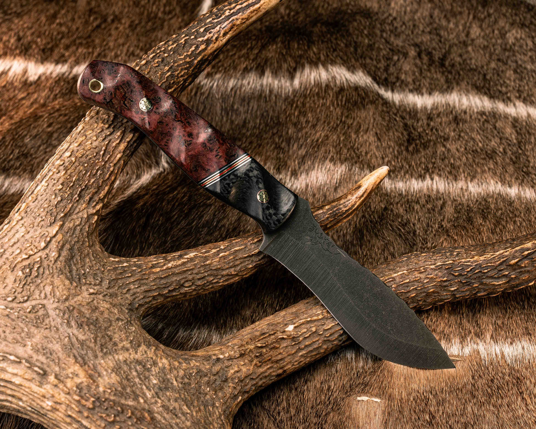 Modified Skinner - Carbon, Black G10, Aluminum, Brass and Cherry G10 Split, Dyed Black Ash Burl, Mosaic Pins, Brass Lanyard Pin, Textured Grip