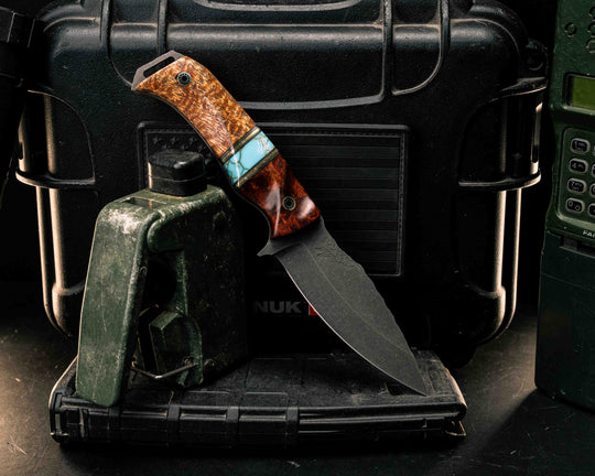 Ishi- Dyed Amboyna Burl, Black G10 and Brass Pin Striping, Turquoise with Gold Web Tru-stone Split, Afzelia Burl, Mosaic Pins, Textured Grip
