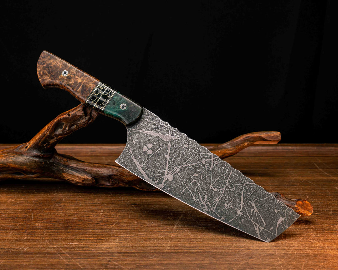 Nakiri- Dyed Curly Maple, Black G10 and Brass Pin Striping, Black with Gold Web Tru-stone Split, Amboyna Burl, Mosaic Pins, Smooth Grip