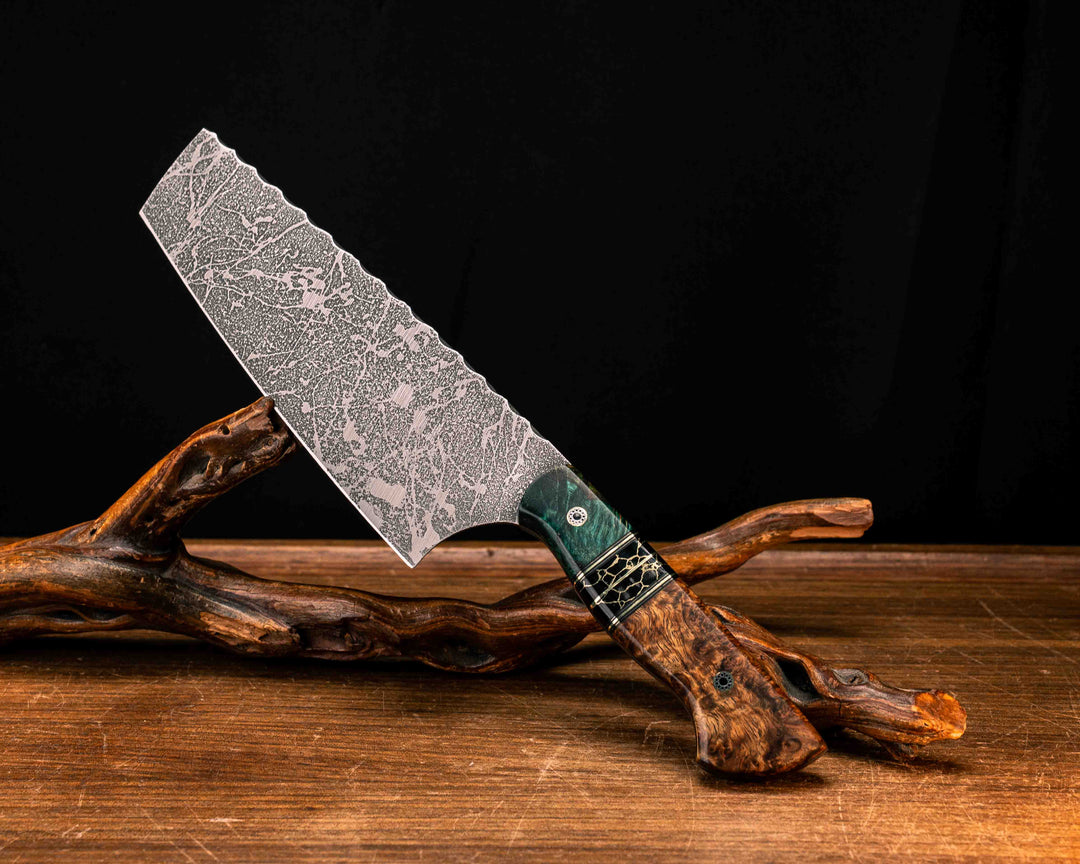 Nakiri- Dyed Curly Maple, Black G10 and Brass Pin Striping, Black with Gold Web Tru-stone Split, Amboyna Burl, Mosaic Pins, Smooth Grip