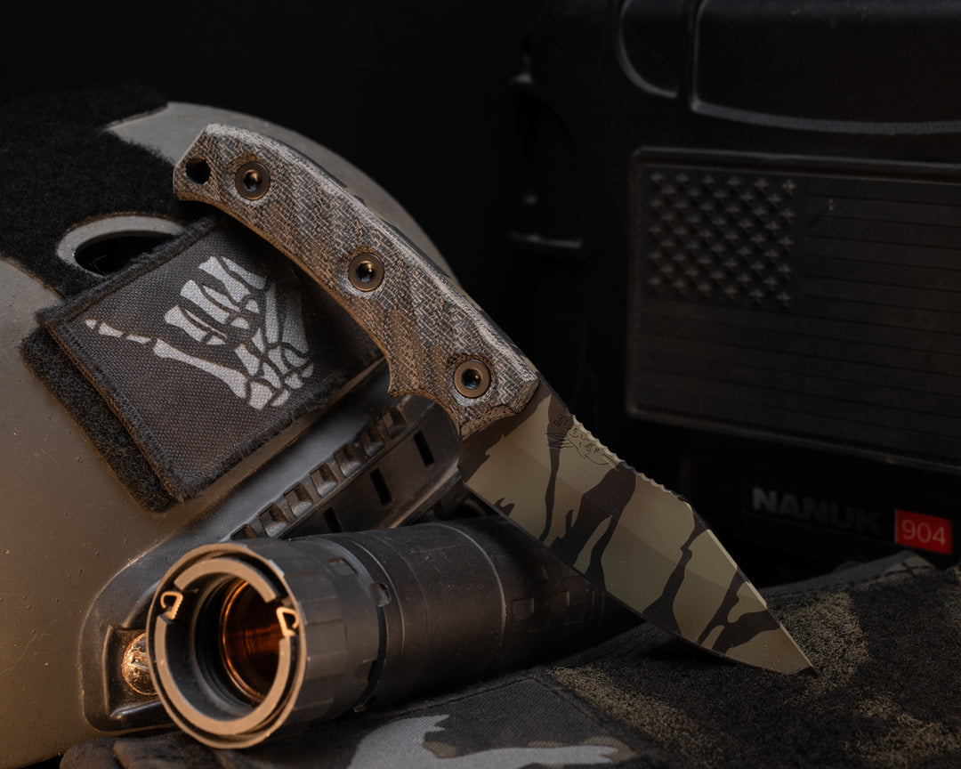 Pirate- Black Canvas Micarta, Tiger Stripe Camo Cerakote, Allen Bolts, Textured Grip