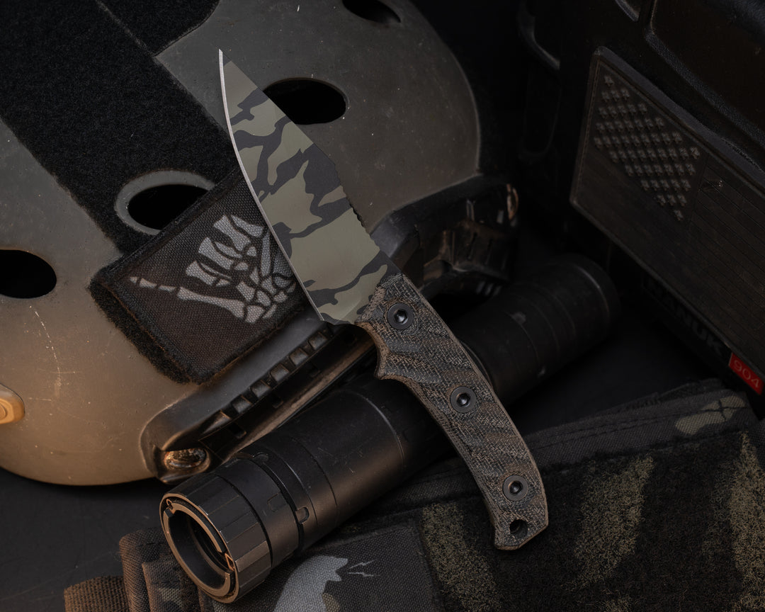 Pirate- Black Canvas Micarta, Tiger Stripe Camo Cerakote, Allen Bolts, Textured Grip