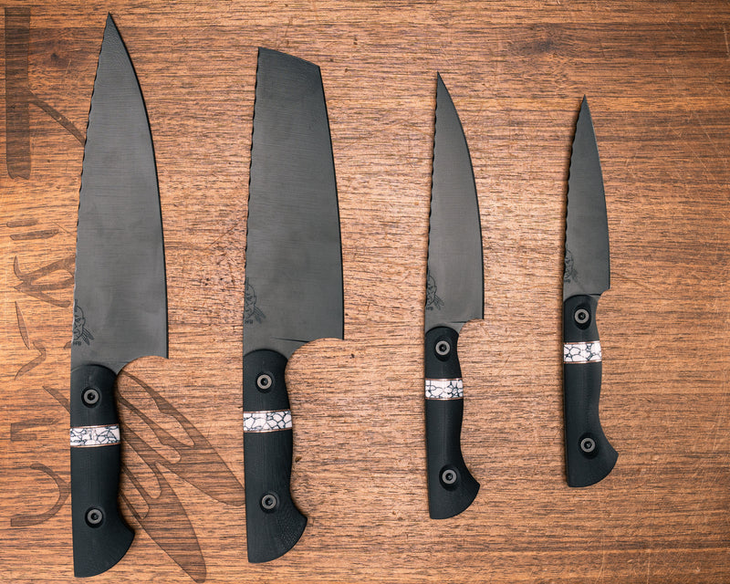 Chef Set- Black G10, Bronze and White with Black Web Tru-stone Split, Armor Black Cerakote, Allen Bolts, Smooth Grip
