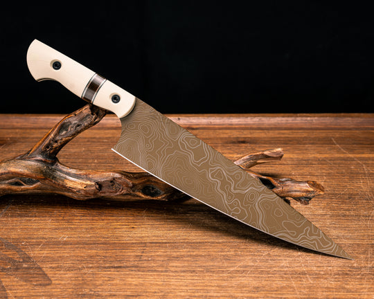 Chef Blade 10"-  Desert Tan G10, Black G10, Brass and Copper Pin Striping, Synthetic Tortoise Shell Split, Cerakote, Allen Bolts, Smooth Grip