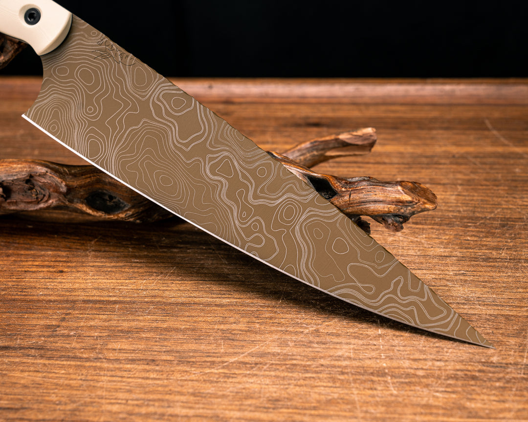 Chef Blade 10"-  Desert Tan G10, Black G10, Brass and Copper Pin Striping, Synthetic Tortoise Shell Split, Cerakote, Allen Bolts, Smooth Grip