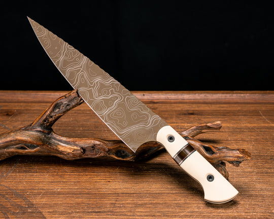 Chef Blade 10"-  Desert Tan G10, Black G10, Brass and Copper Pin Striping, Synthetic Tortoise Shell Split, Cerakote, Allen Bolts, Smooth Grip