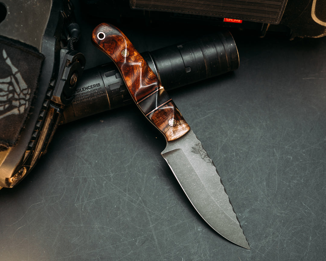 Crow Jr - Hawaiian Curly Koa, Black & Copper Pin Striping, Desert Ironwood Split, Desert Ironwood, Mosaic Pins, Copper Pin Striping, Textured Grip.