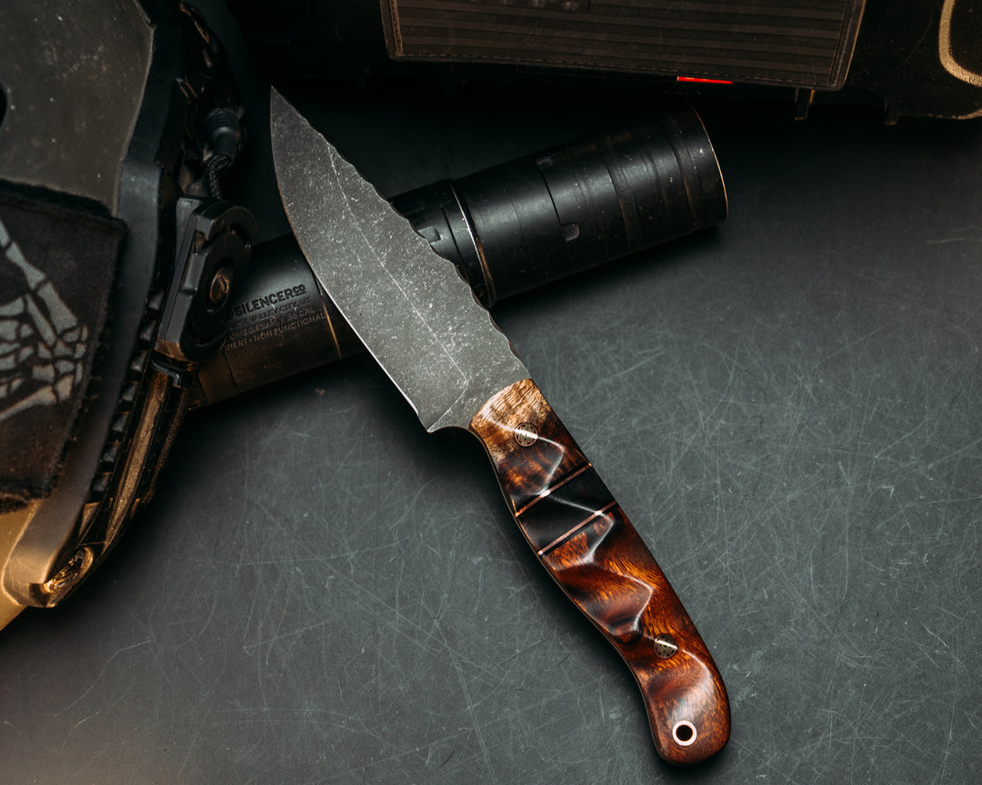 Crow Jr - Hawaiian Curly Koa, Black & Copper Pin Striping, Desert Ironwood Split, Desert Ironwood, Mosaic Pins, Copper Pin Striping, Textured Grip.