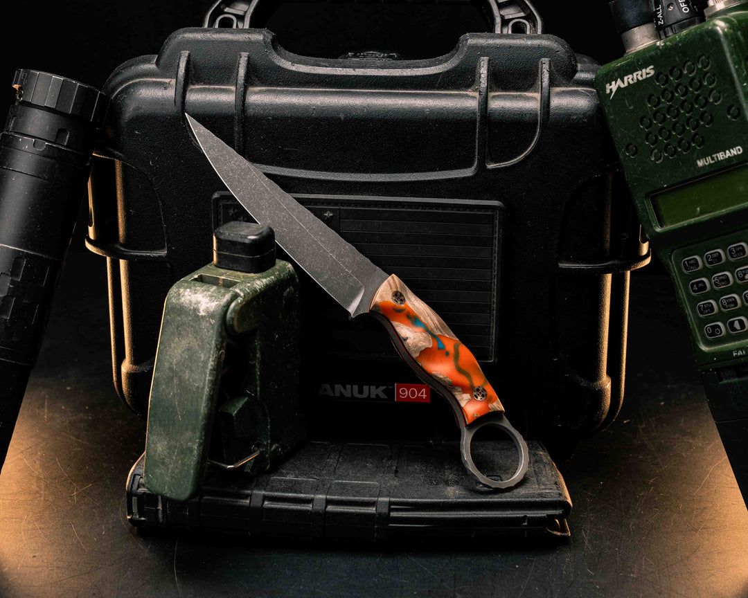 Osoraku 4"- Burlwood and Orange and Blue Resin, Mosaic Pins, Textured Grip