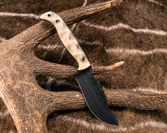 OG Skinner- Baker Forge Random Pattern Damascus- Giraffe Bone, Mosaic Pins, Aluminum Lanyard Pin, Textured Grip