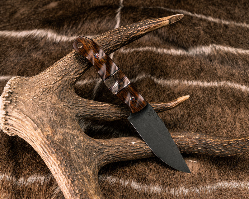 Crow Jr- Desert Ironwood, Black G10 and Copper Pin Striping, Maple Split, Copper Patriot Mosaic Pins, Copper Lanyard Pin, Textured Grip