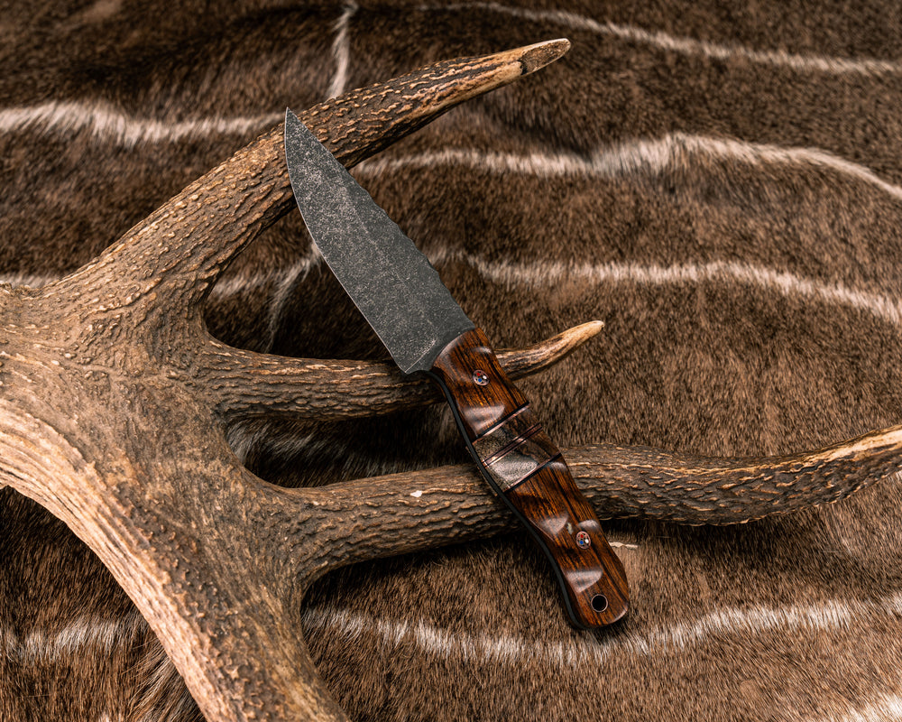 Crow Jr- Desert Ironwood, Black G10 and Copper Pin Striping, Maple Split, Copper Patriot Mosaic Pins, Copper Lanyard Pin, Textured Grip