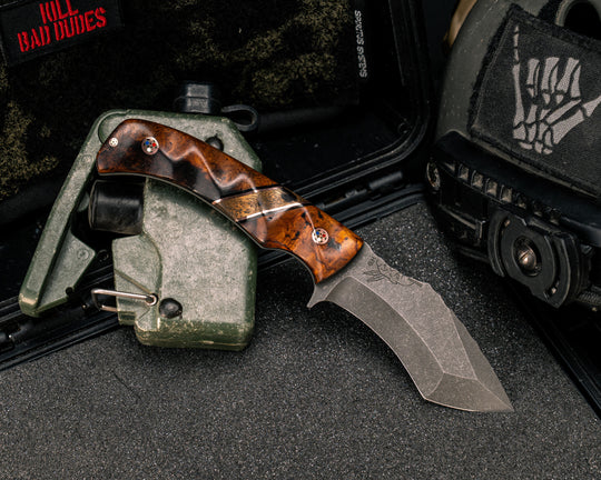 Buteo- Desert Ironwood, Black G10 and Copper Pin Striping, Desert Ironwood Split, Copper Patriot Mosaic Pins, 1/8" Mosaic Pin, Textured Grip